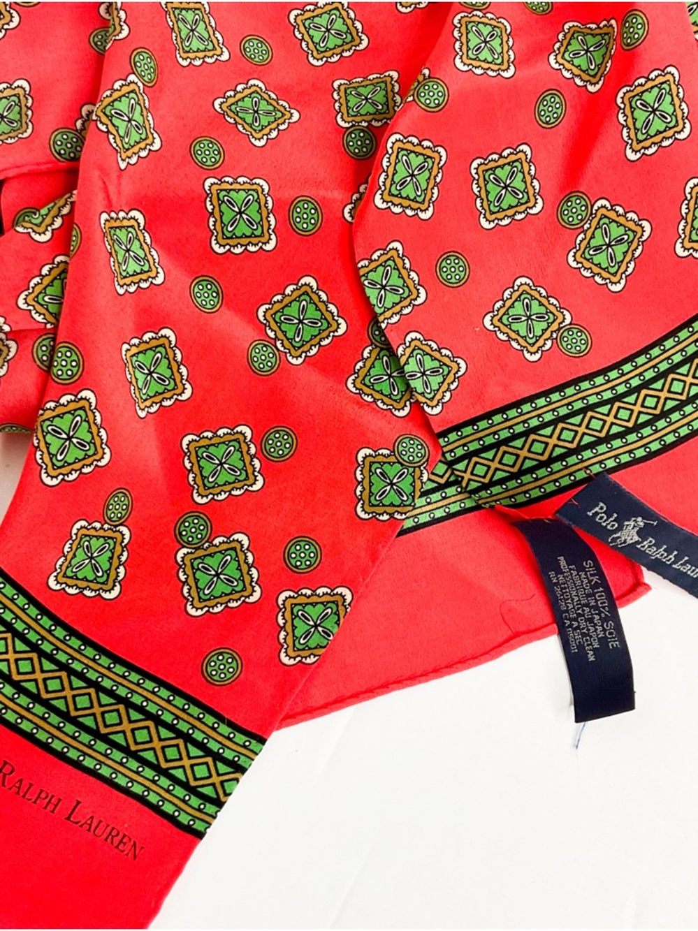 Polo Ralph Lauren Red Silk Scarf Green Geometric
